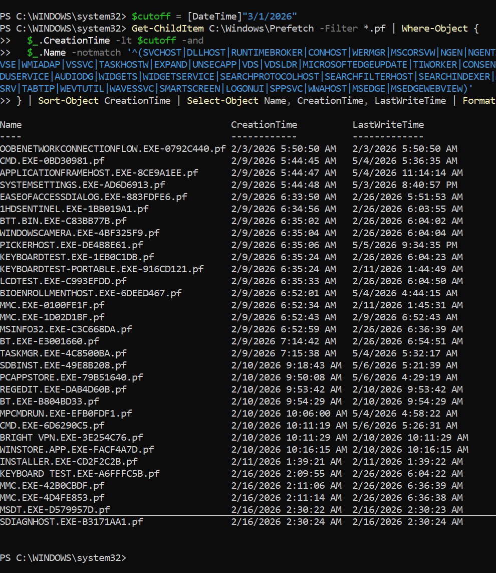 PowerShell output of C:\\Windows\\Prefetch listing showing fresh OS install on 2/3/2026, hardware QA on 2/9, and the PCAPPSTORE/REGEDIT/CMD/BRIGHT VPN sequence on 2/10/2026