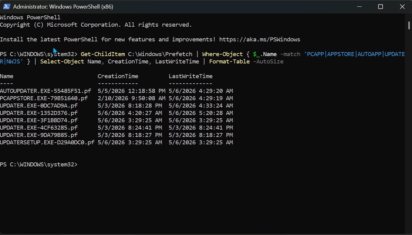 PowerShell prefetch query filtered to PCAPP, APPSTORE, AUTOAPP, UPDATE, NWJS — showing PCAPPSTORE first run 2/10/2026 9:50:08 AM and a string of UPDATER executions on 5/3, 5/5, and 5/6/2026